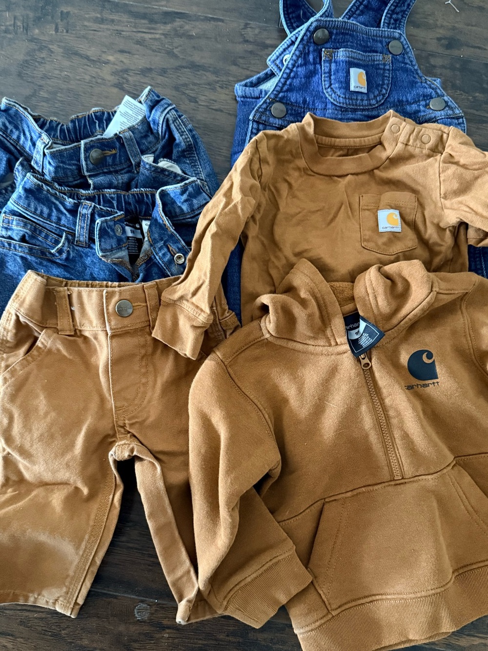 Carhartt Brown Toddler Hoodie, Bodysuit, Pants & Blue Denim Overalls Set